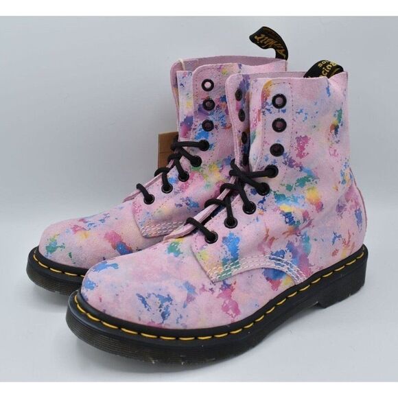 Dr Martens 1460 Womens Size 7 Pascal Pink Floral Rainbow Leather Combat Boots - Picture 1 of 11